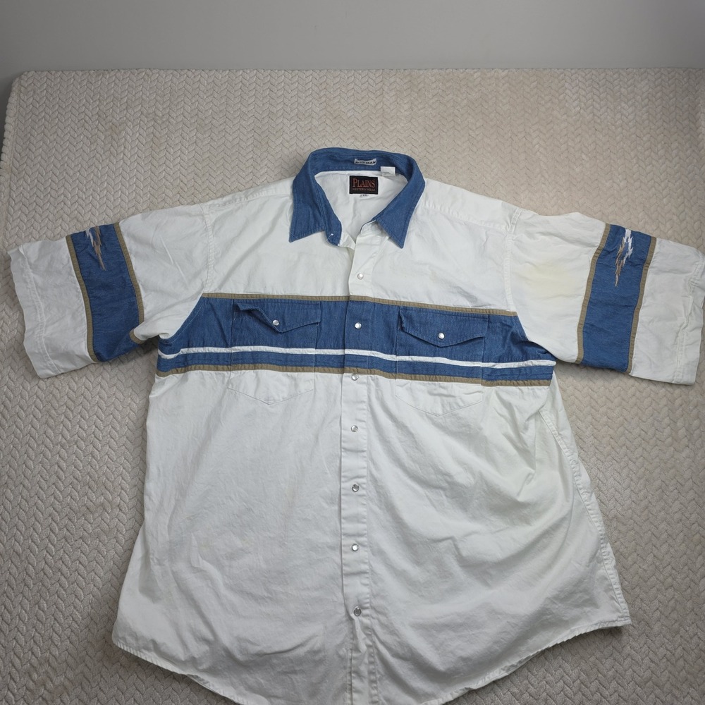 Plaine Casual Short-Sleeve Button-Down Shirt in White and Blue